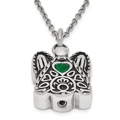 Sentimental Expressions Stainless Steel Green CZ May Birthstone Antiqued Angel Ash Holder 18 Inch Necklace