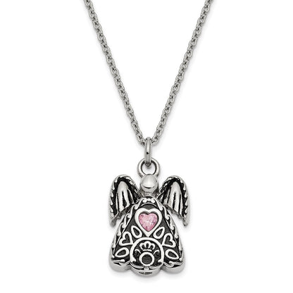 Sentimental Expressions Stainless Steel Pink CZ October Birthstone Antiqued Angel Ash Holder 18 Inch Necklace