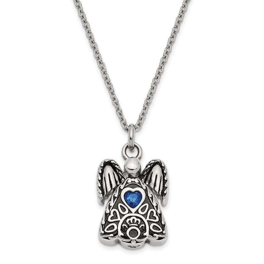 Sentimental Expressions Stainless Steel Dark Blue CZ September Birthstone Antiqued Angel Ash Holder 18 Inch Necklace