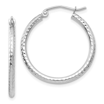 14k White Gold Diamond-cut 2mm Round Tube Hoop Earrings