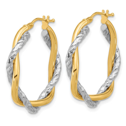 14k Two-tone Polished and Textured Twisted Hoop Earrings