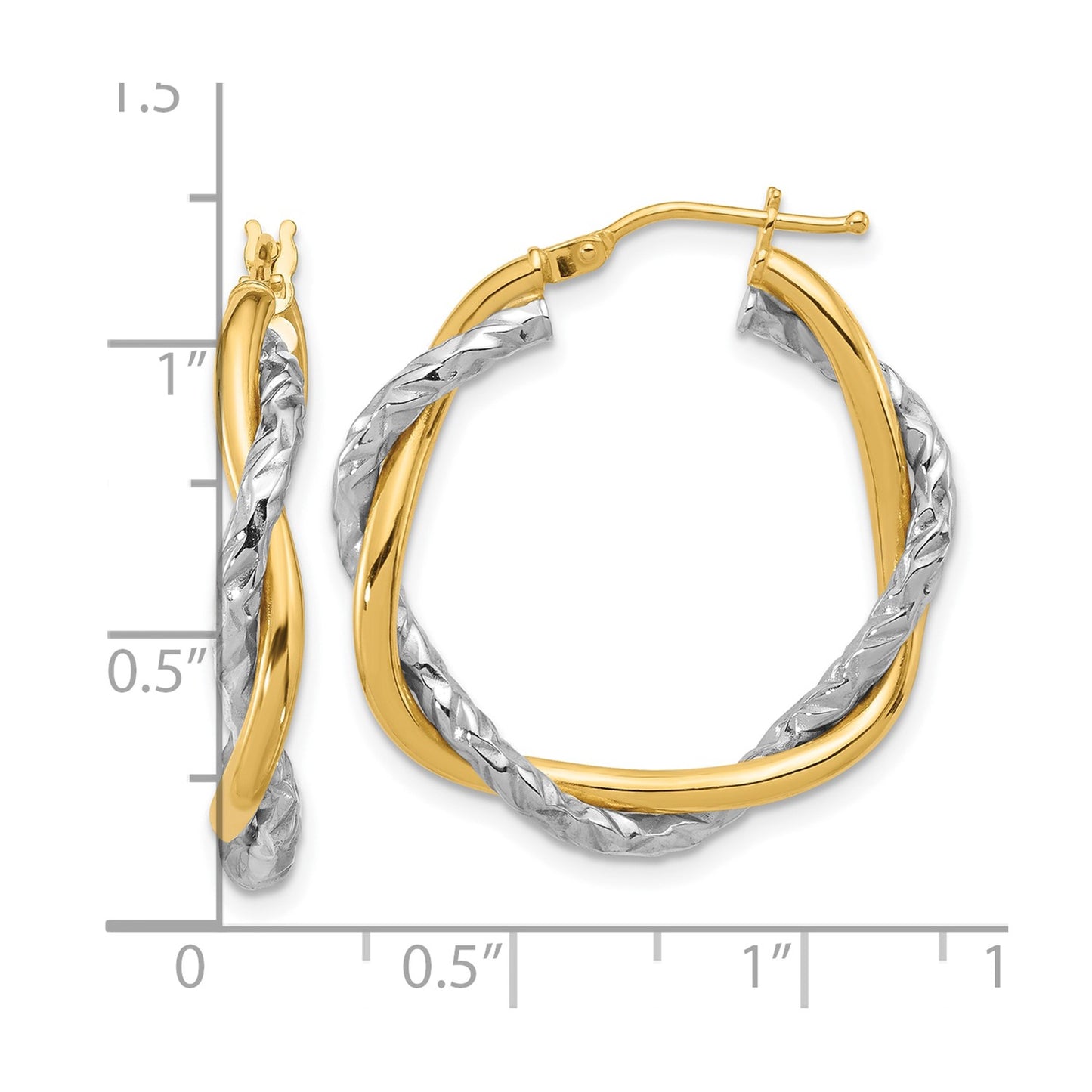 14k Two-tone Polished and Textured Twisted Hoop Earrings