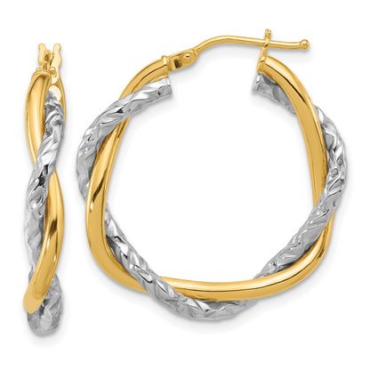 14k Two-tone Polished and Textured Twisted Hoop Earrings