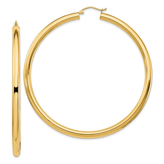 14k Polished 4x70mm Lightweight Round Tube Hoop Earrings