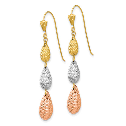 14k Tri-color Puff Diamond-cut Teardrop Dangle Earrings