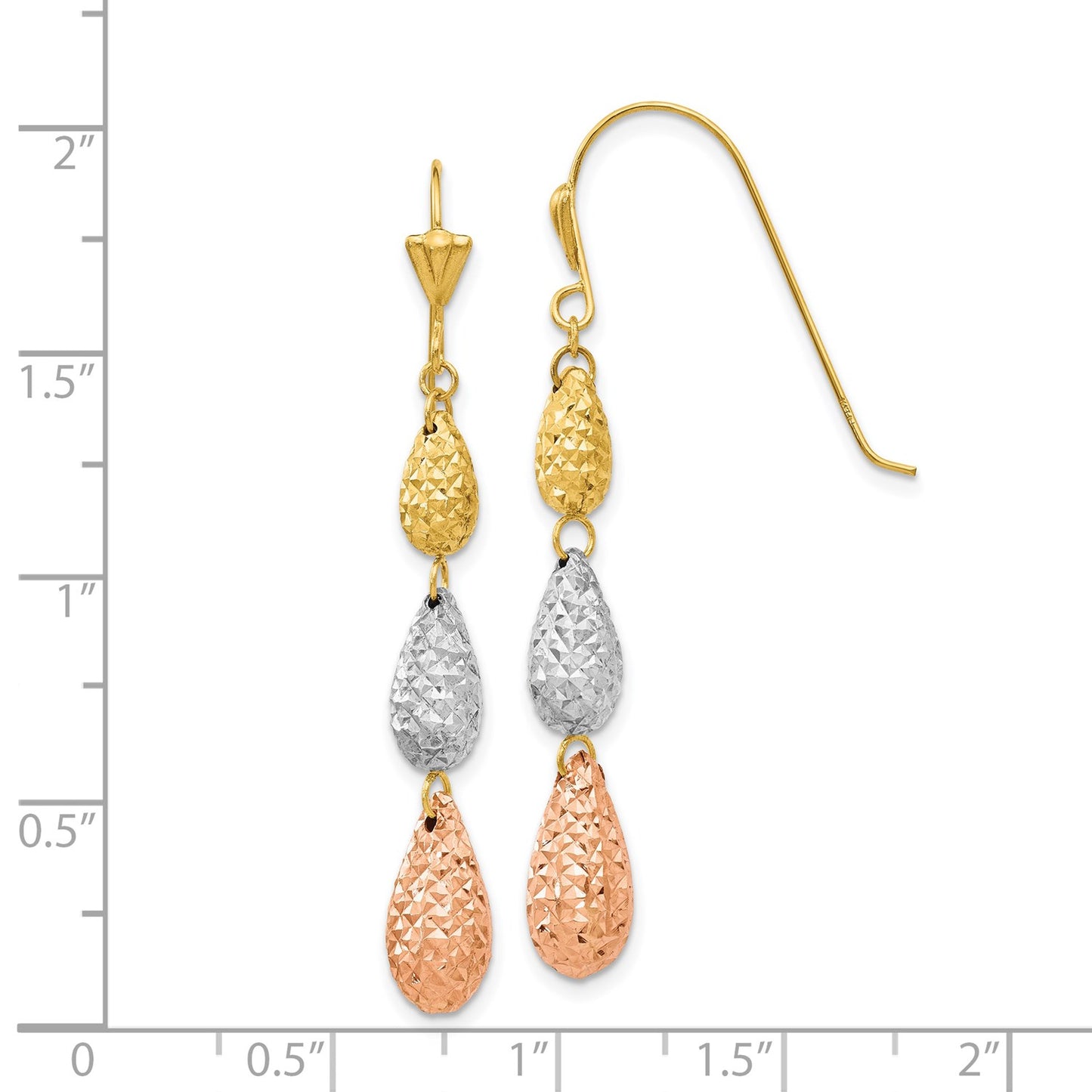 14k Tri-color Puff Diamond-cut Teardrop Dangle Earrings