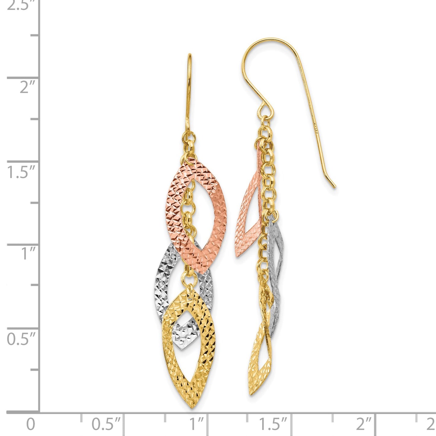 14K Diamond Cut Tri-color Tear Drop Shepherd Hook Earrings