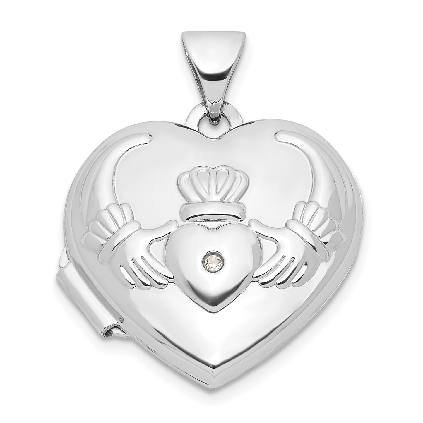 14k White Gold Diamond Heart Claddagh Locket