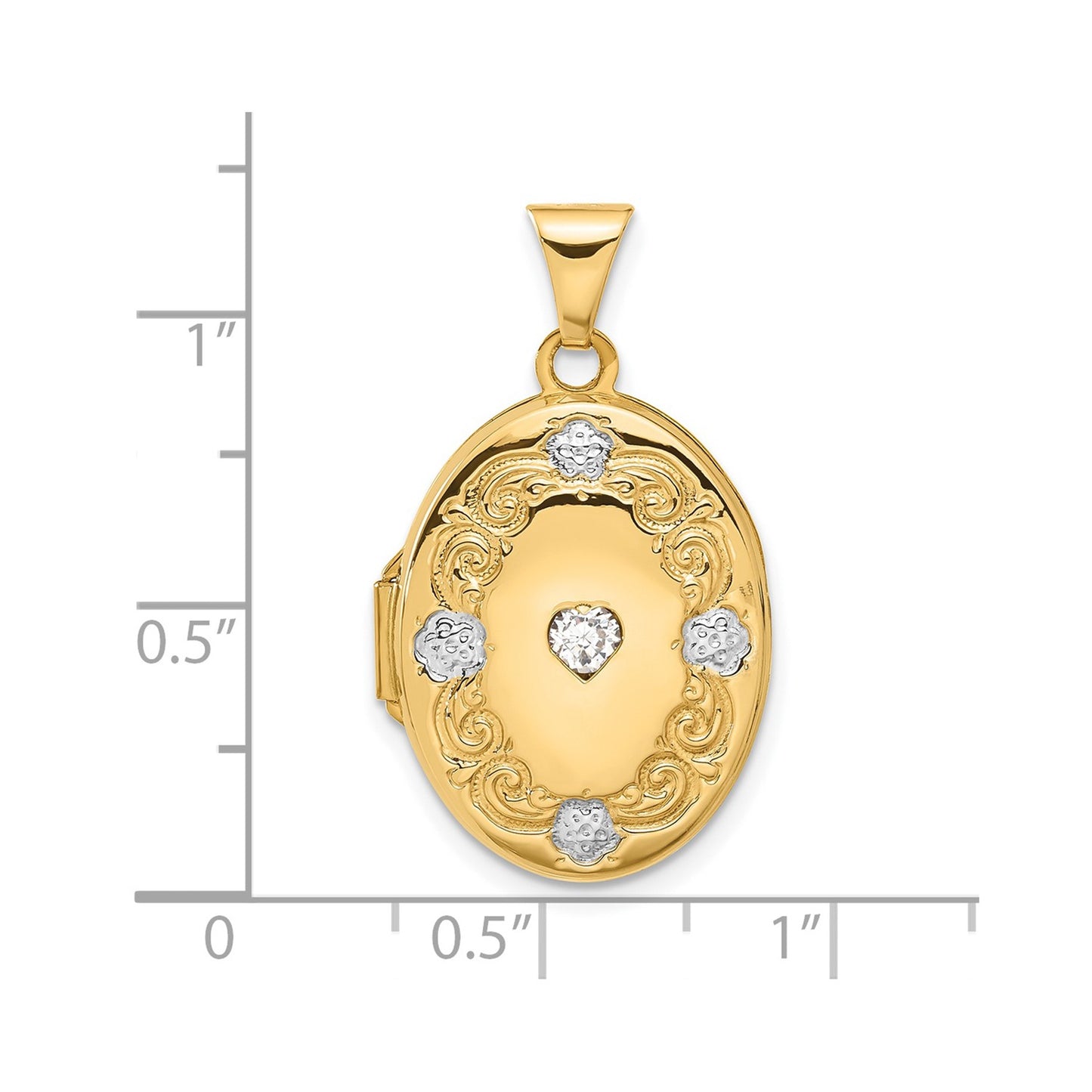 14k Yellow Gold w/ White Rhodium Floral & Heart CZ 21mm Oval Locket