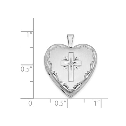 14k White Gold 20mm Diamond Satin & D/C Cross Heart Locket