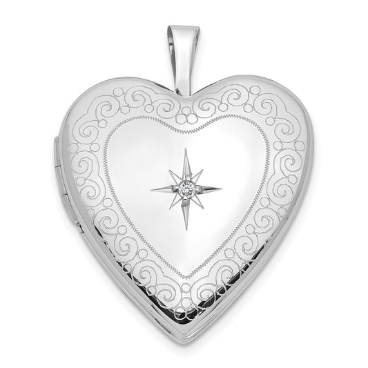 14K White Gold Diamond Side Swirl Edge 20mm Heart Locket