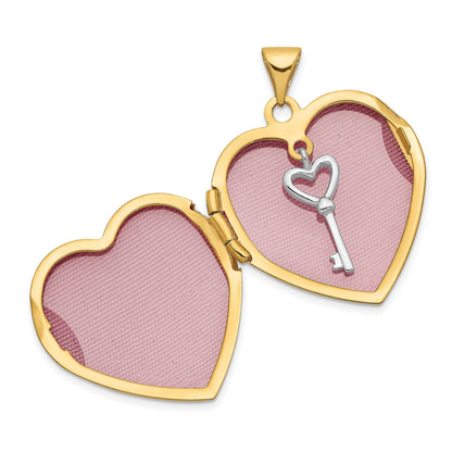 14k Two-tone w/ White Rhodium Heart w/Key Charm Inside Heart Locket