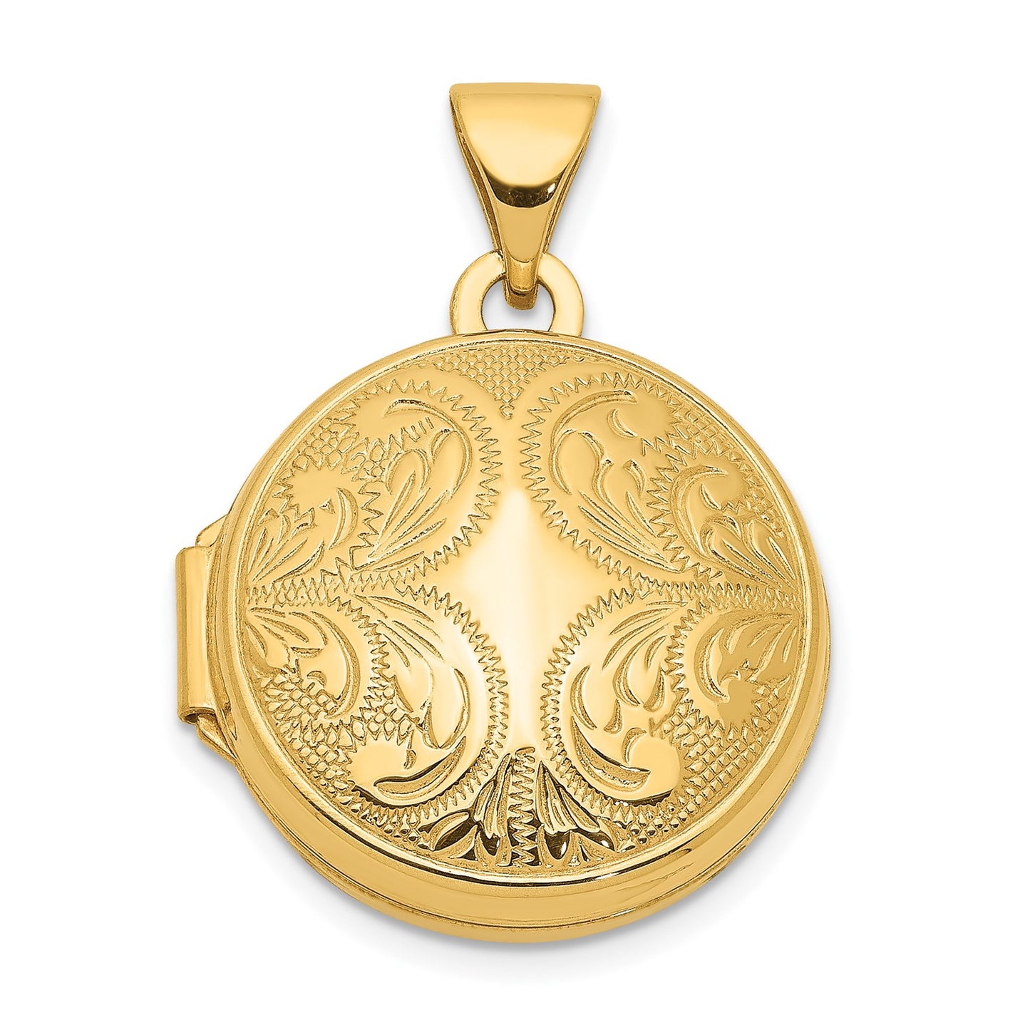 14k 16mm Round Locket with Scroll Design