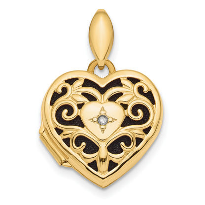 14k Polished Filigree w/ Black Fabric Diamond Heart Locket