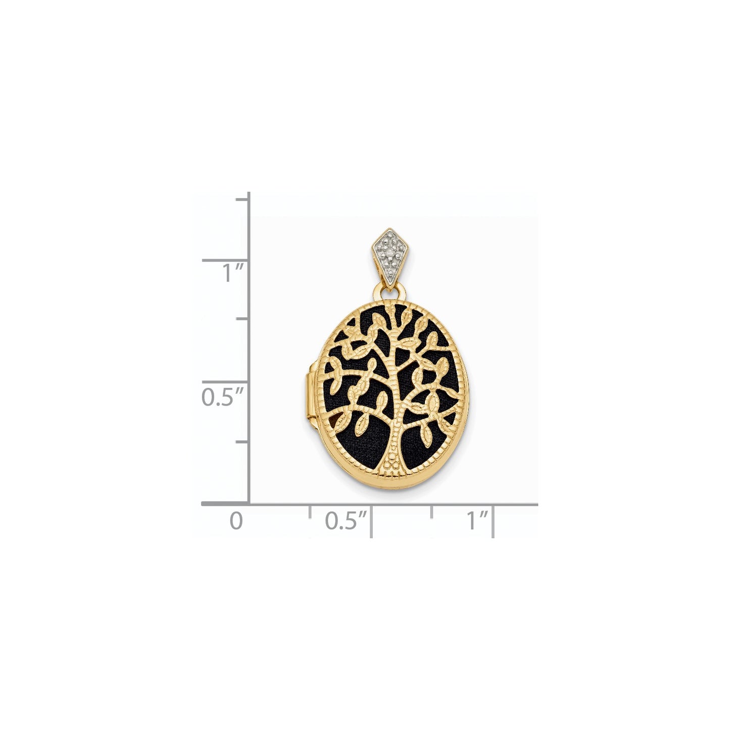 14k Polished & Textured Diamond Tree w/ Black Fabric Oval Locket