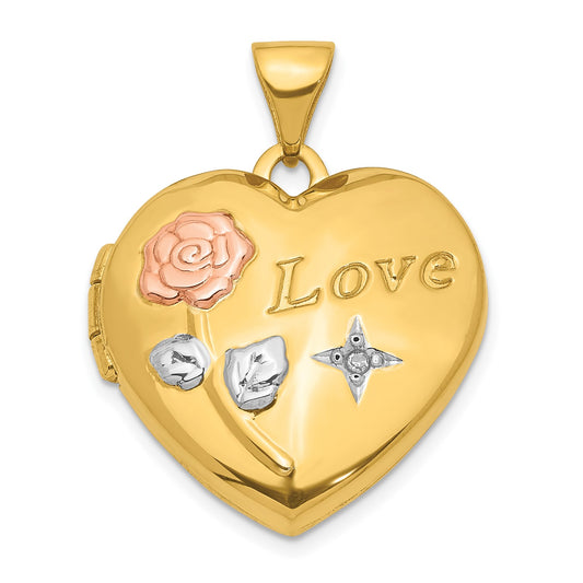 14K w/White & Rose Rhodium Love Rose Diamond Heart Locket Pendant