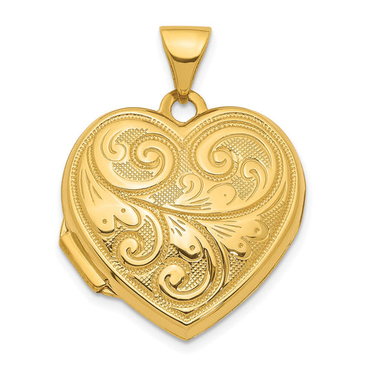 14ky 19mm Scroll Design Reversible Heart Locket Pendant