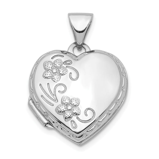 14K White Gold Polished 15mm Floral Heart Locket