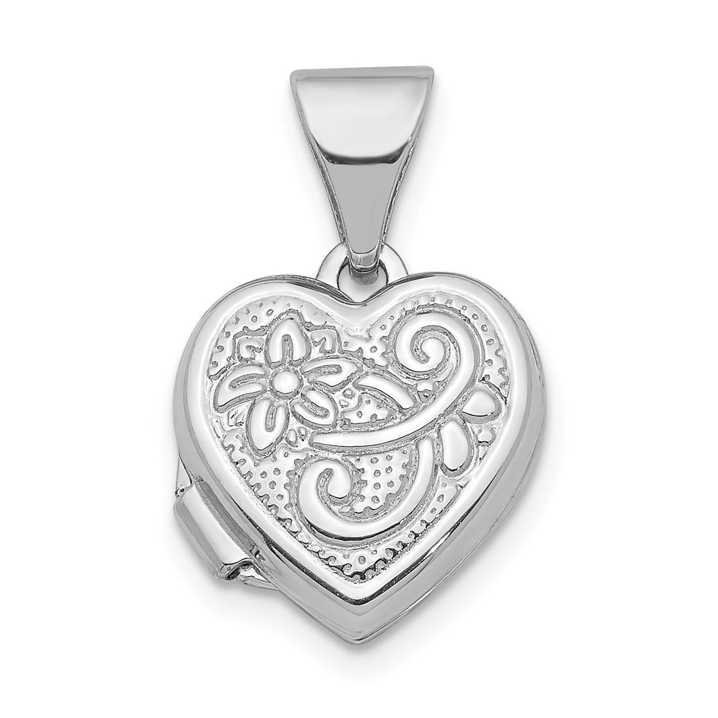 14K White Gold 11mm Flower Heart Locket Pendant