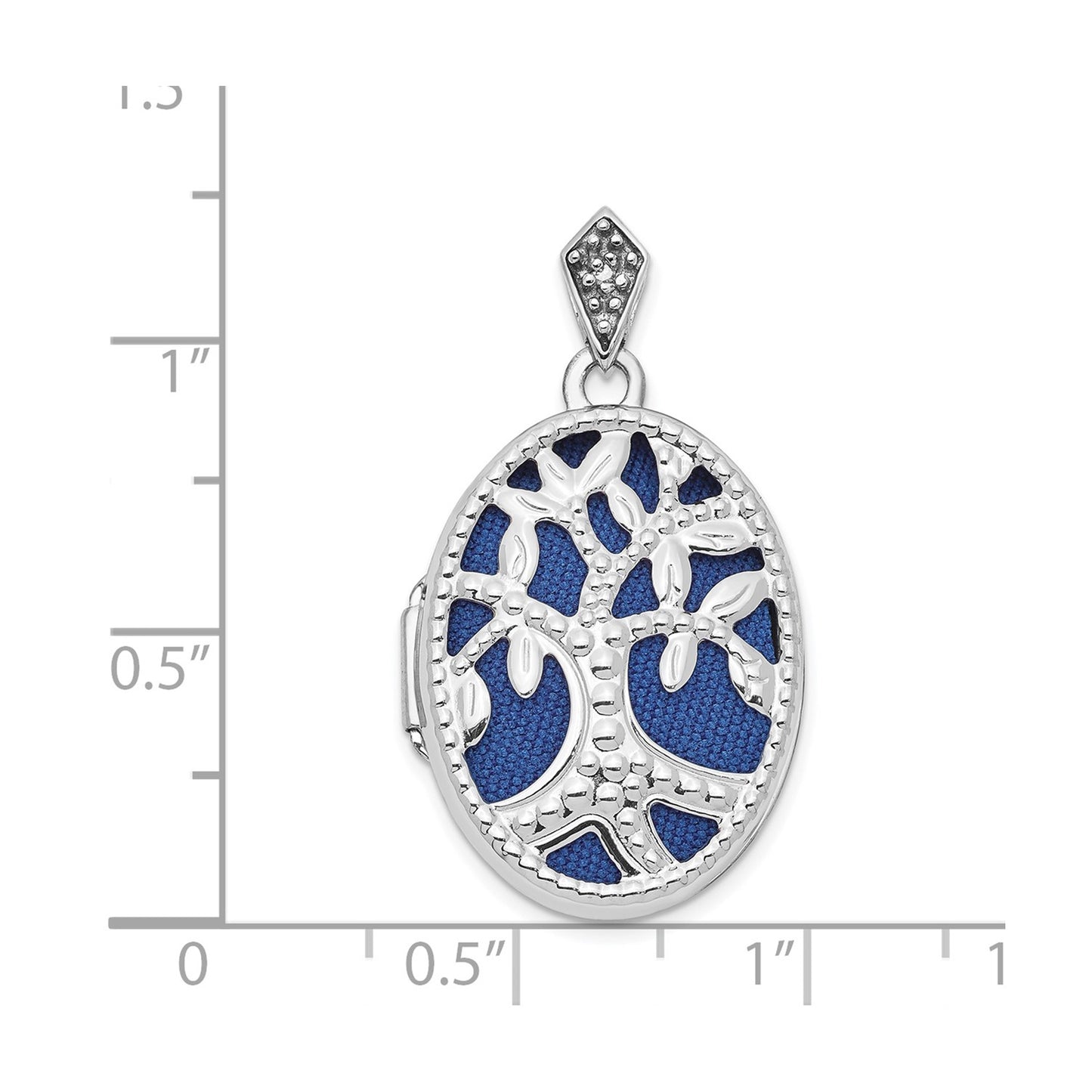 14K White Gold Diamond Tree 23mm Blue Fabric Locket Pendant