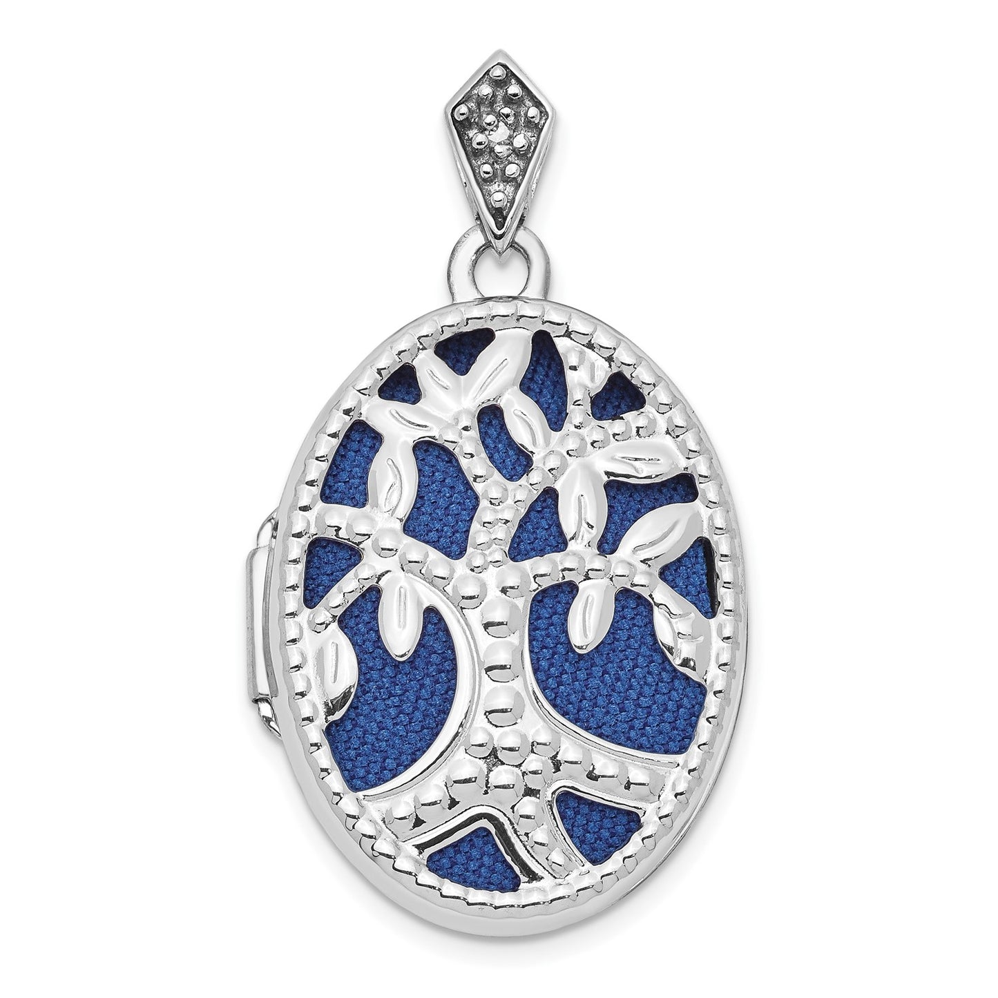 14K White Gold Diamond Tree 23mm Blue Fabric Locket Pendant