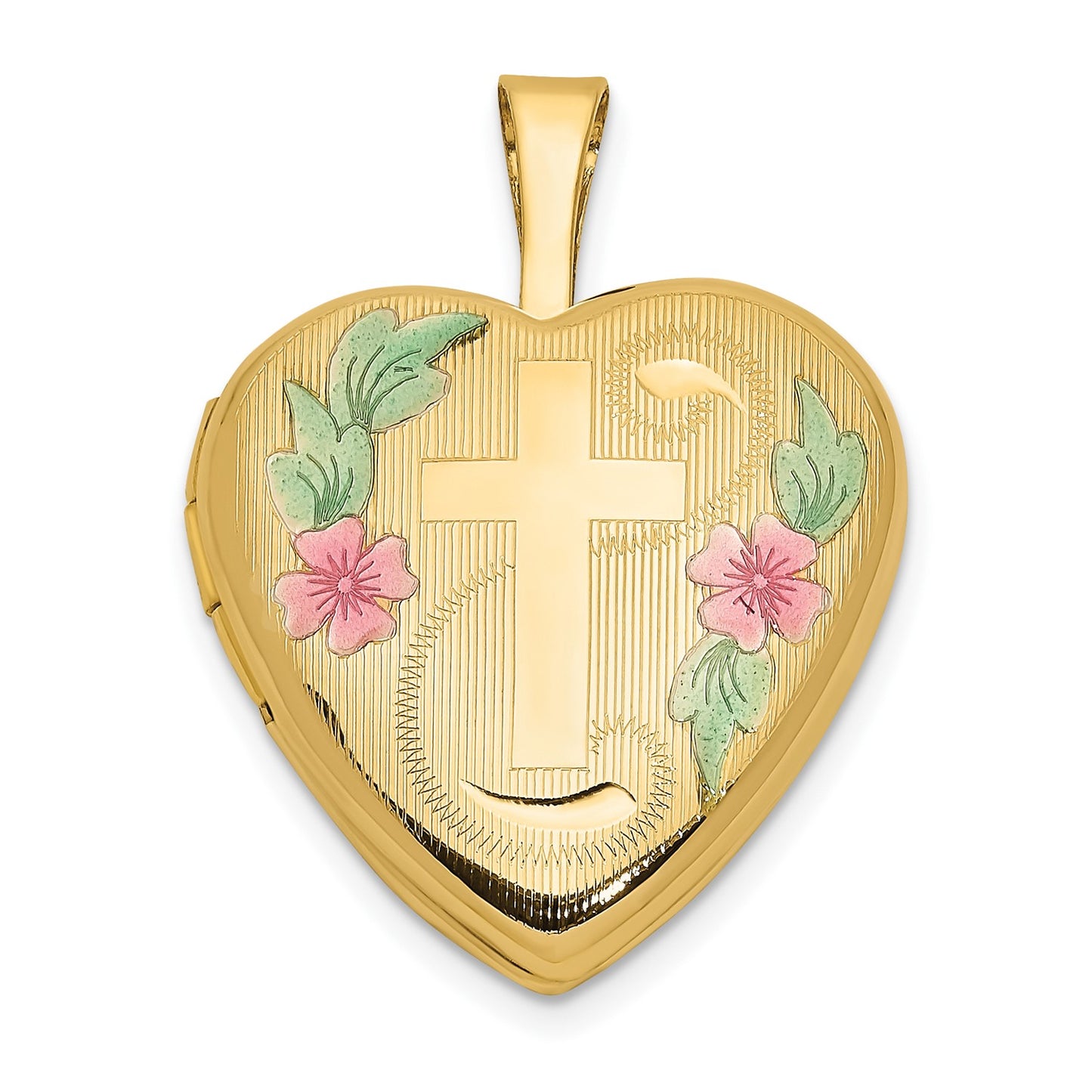 14ky 16mm with Enamel Floral Cross Heart Locket