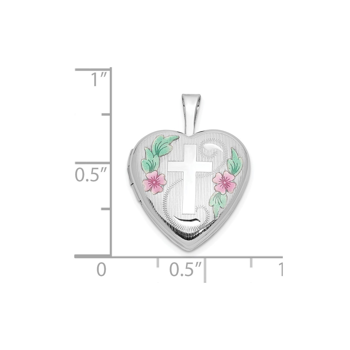 14k White Gold 16mm with Enamel Floral Cross Heart Locket