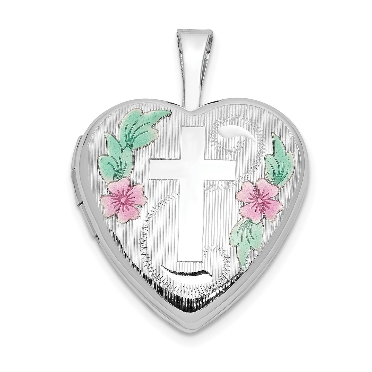 14k White Gold 16mm with Enamel Floral Cross Heart Locket