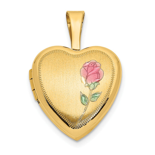 14k 12mm Satin with Enamel Rose Heart Locket