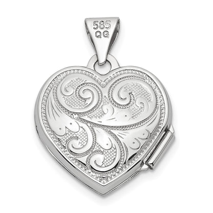 14k White Gold Reversible Swirl Design 15mm Heart Locket