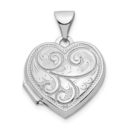 14k White Gold Reversible Swirl Design 15mm Heart Locket