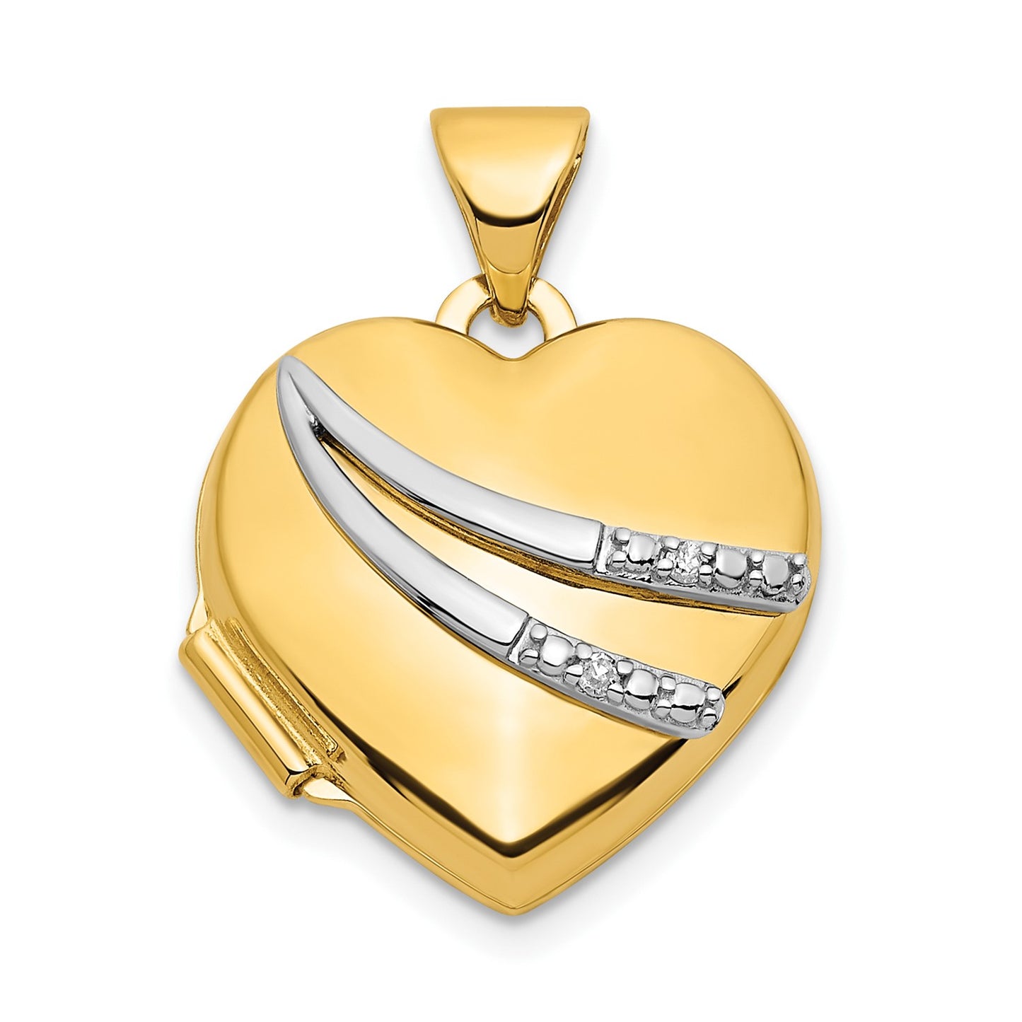 14k w/ White Rhodium .01ct Diamond 15mm Heart Locket