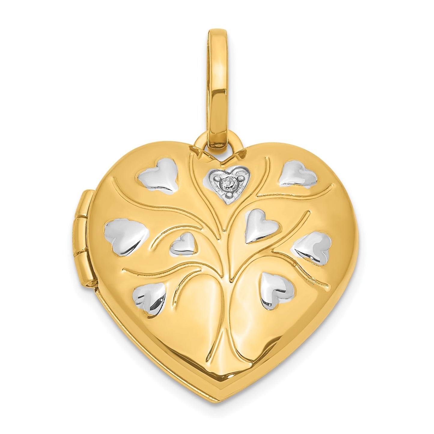 14ky & White Rhodium Polished Diamond Heart Tree Heart Locket