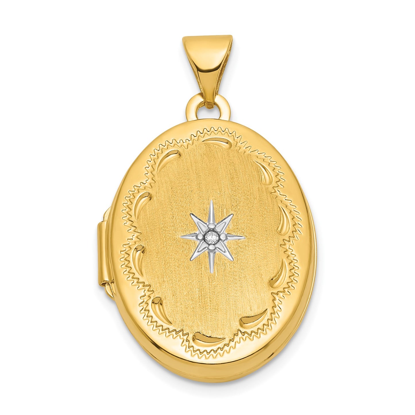 14k w/ White Rhodium Brushed Diamond Star 21mm Oval Locket