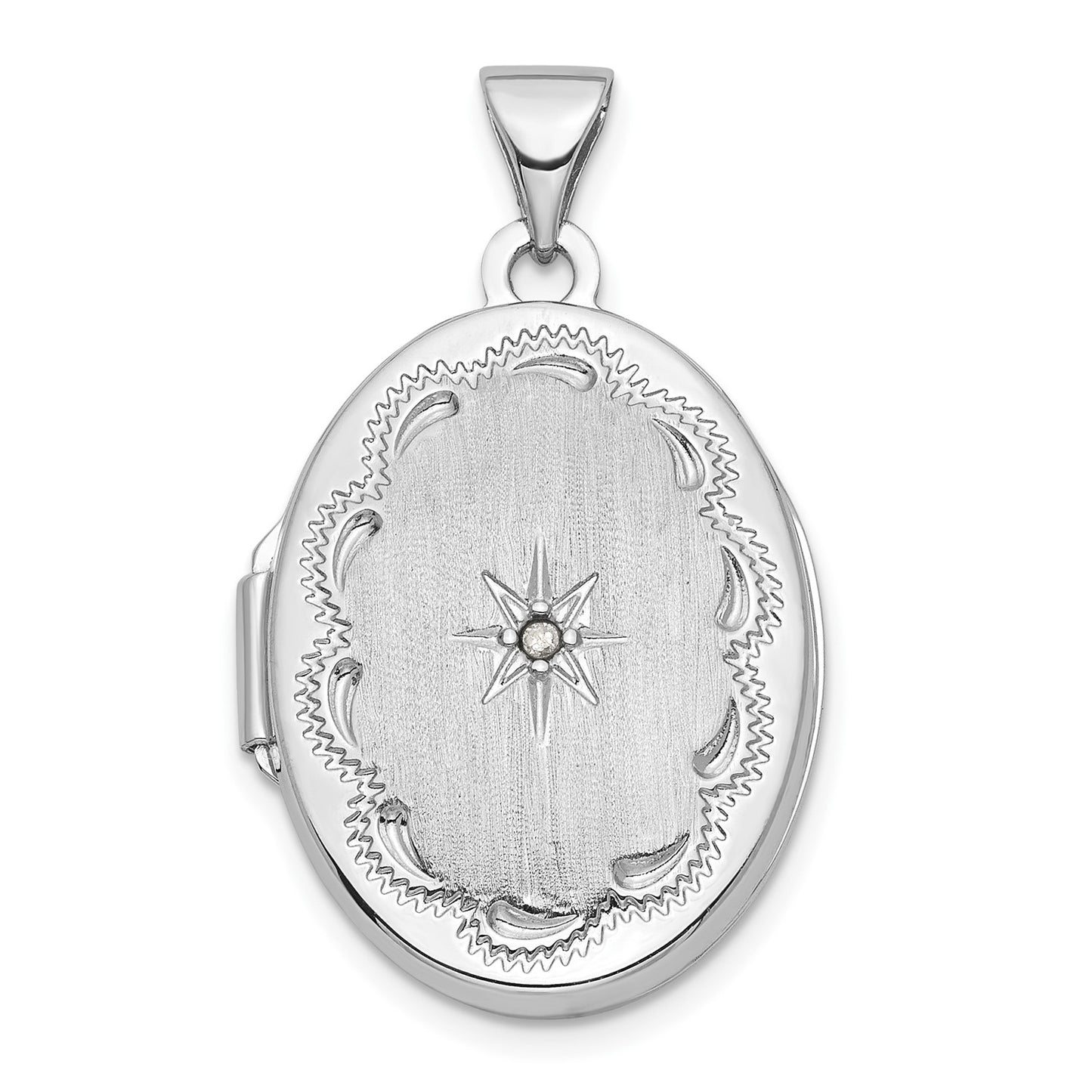 14k White Gold Brushed Diamond Star 21mm Oval Locket