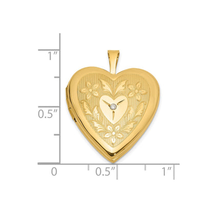 14K 20mm Polished Floral Design Diamond Heart Locket