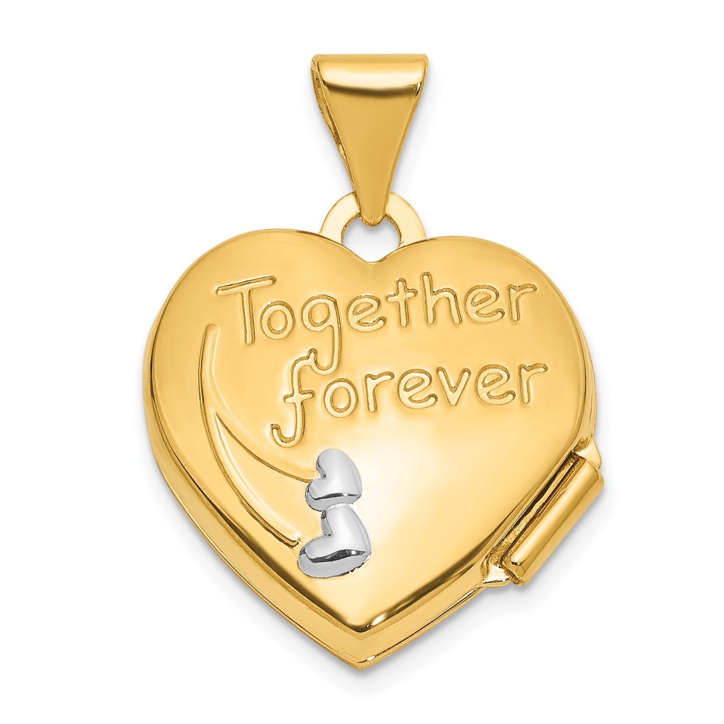 14K with White Rhodium 15mm Dove TOGETHER FOREVER Reversible Heart Locket