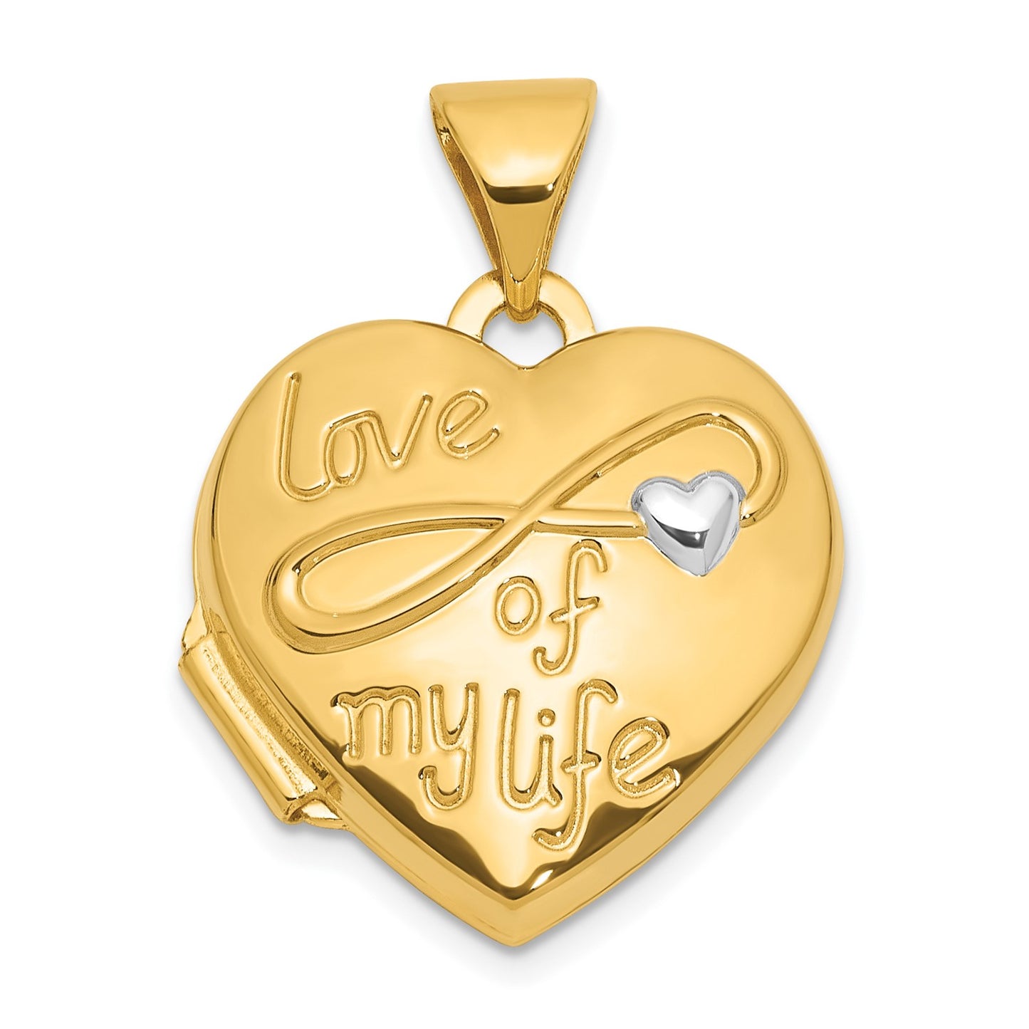 14K and White Rhodium Polished LOVE OF MY LIFE 15mm Heart Locket