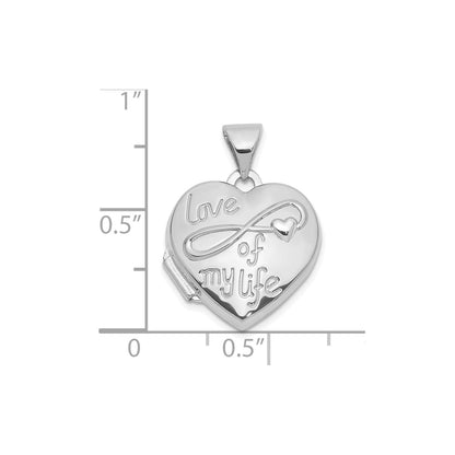 14k White Gold Polished LOVE OF MY LIFE 15mm Heart Locket