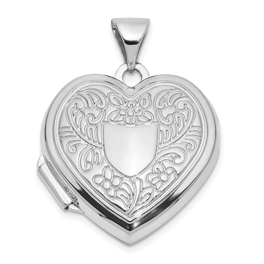 14k White Gold Polished Fancy Floral Border and Crest 18mm Heart Locket