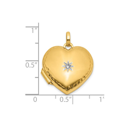 14K and White Rhodium Polished and Textured Diamond 15mm Heart Locket