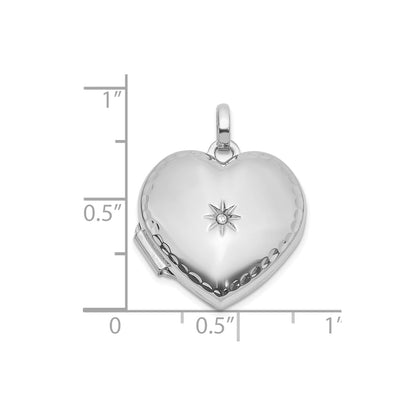 14k White Gold Polished and Textured Diamond 15mm Heart Locket