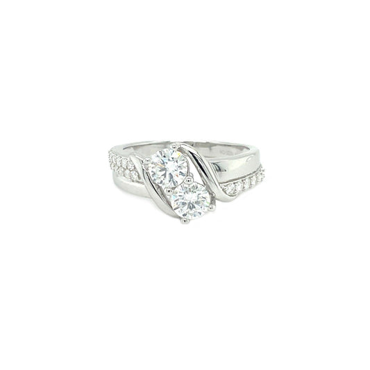 2 Stone Round High Polish Ring | Rhodium Plated Sterling Silver | Moissanite | Through Thick & Thin